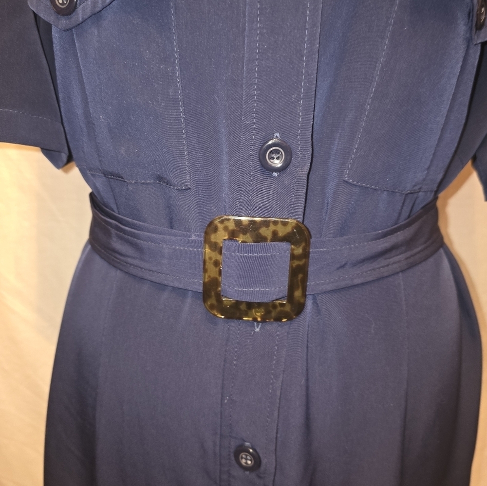 Navy Blue Belted Shirt Dress - Picture 4 of 12